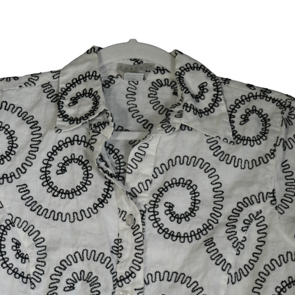 Tweeds Blouse Womens M Black White Embroidered Swirls 100% Linen Button Front - Picture 4 of 13